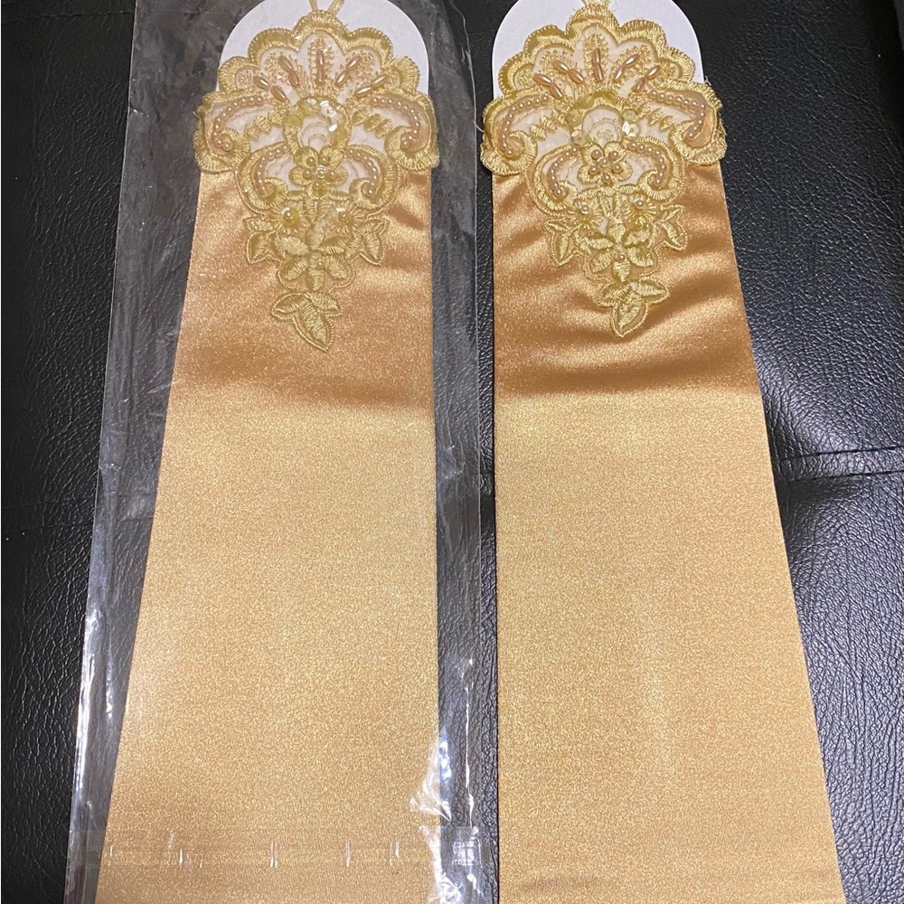 Wedding Gold Formal Below elbow fingerless long gloves.Opened not used.Elegant!